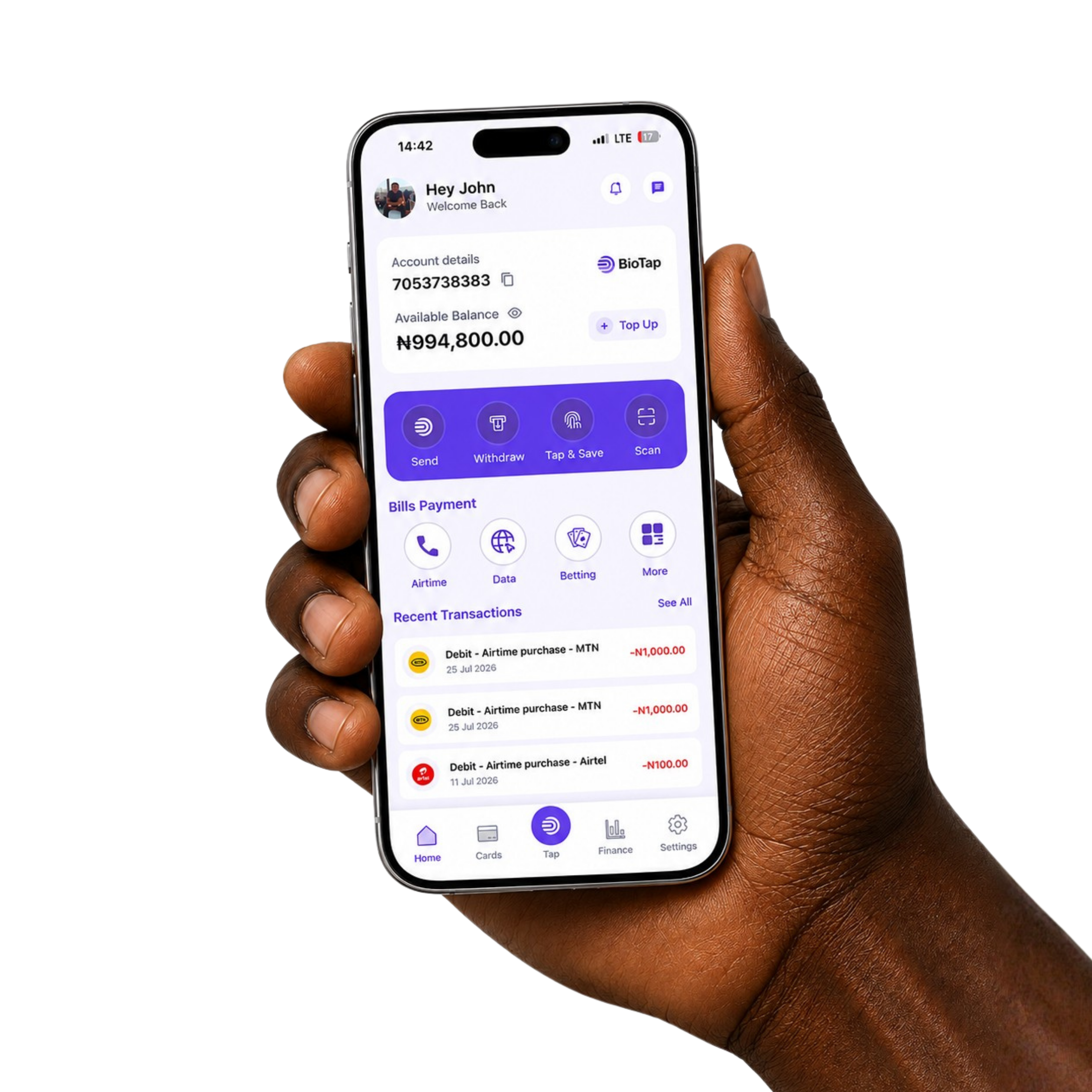 Hand holding a phone with the BioTap app home screen